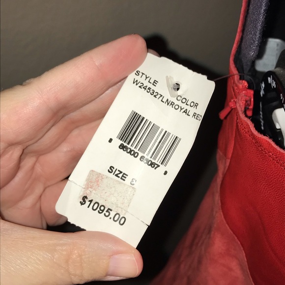 Red leather and suede asymmetric seam midi dress - Picture 5 of 7